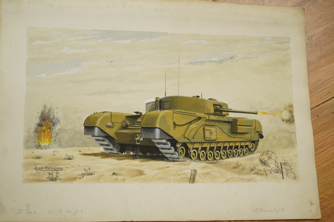 Alan Anderson, set of eight original WWII watercolours for postcard designs, Military vehicles to include ‘Cromwell Tank’, Matilda Infantry Tank’, ‘Churchill Heavy Infantry Tank’ and ‘Crusader Tank’, each with original c